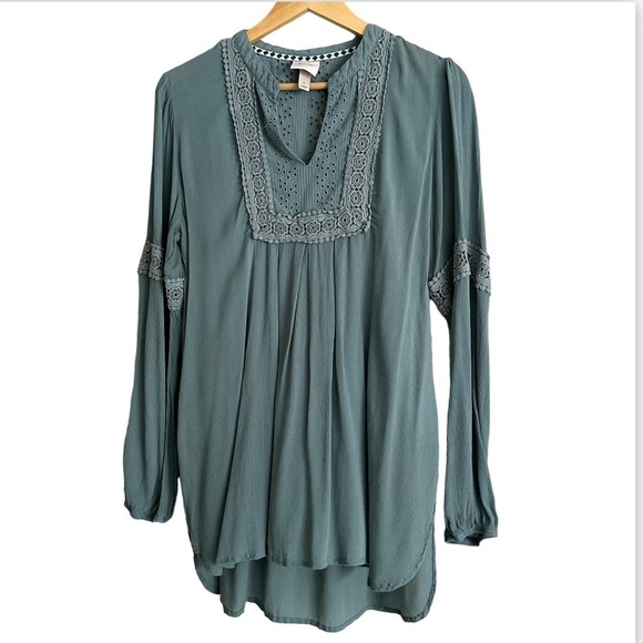 Knox Rose Green Hi-Low Gauze Tunic Crochet Lace Yoke Long Sleeves Large Boho - Picture 2 of 10